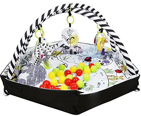 Baby Spieldecke, Baby Gyms Spielbogen, Krabbeldecke Baby Rutschfest,Erlebnisdecke, Baby Spielmatte mit Spielzeug und kleiner Ball. (Sechseckig mit 30 Kugeln/schwarz und weiß)