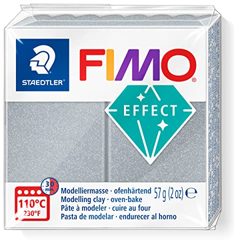 STAEDTLER ofenhärtende Modelliermasse FIMO Effect, metallic Silber, hochbrillanter Metallic Glanz mit mineralischen Glimmerpartikeln, Normalblock 57g, weich und geschmeidig, 8010-81
