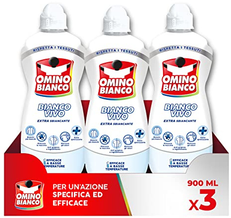 Omino Bianco - Additivo Lavatrice Bianco Vivo in Gel per Bucato, Azione Sbiancate, Specifico per i Tessuti Bianchi, 900 ml x 3