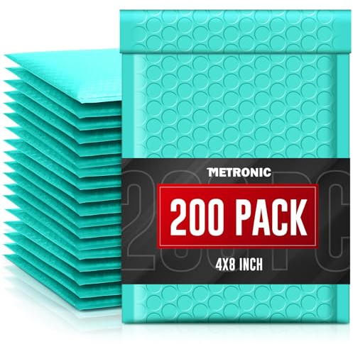 METRONIC Small Bubble Mailers 4x8 200 Pack Teal Bubble Mailer Usable Size 4x7 Self Seal Waterproof Padded Envelopes for Small Business Packaging Sports Cards