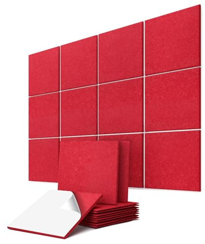 vilz 12 paneles acústicos autoadhesivos, fieltro reciclado, 250 x 250 x 9 mm, aislamiento acústico, cuadrados, para salón, puerta, estudio de grabación, color rojo rubí