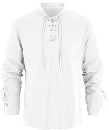 Runcati Camicia da uomo medievale steampunk pirata costume vichingo con lacci vittoriano rinascimentale colletto alto cosplay top, bianco, M