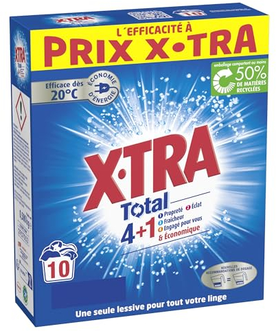 Xtra Total - Lessive Poudre - 4 plus 1 - Propreté - Eclat - Fraîcheur - Engagé pour vous - Economique - Une seule lessive pour tout votre linge - Efficace des 20°C - 10 mesures