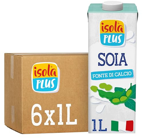 ISOLA PLUS - Pack de 6 Unidades de 1 L de Bebida Vegetal de Soja con Calcio, sin Azúcar Añadido y Libre de Gluten, Apto para Veganos, Optima para Tomar Sola, con Café o en Batidos