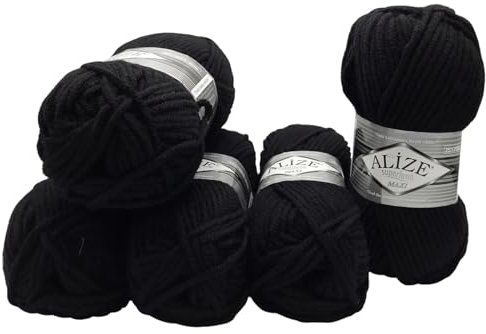 Ilkadim Export Superlana Maxi 5 x 100 Gramm schöne dicke Wolle zum Stricken und häkeln, 500 Gramm Strickwolle 75% Acryl 25% Wolle (schwarz 60)