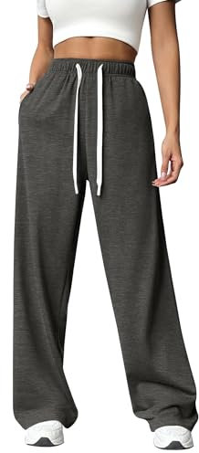 PINSPARK Jogginghose Damen Sporthose Lang Baggy Traininghose High Waist Freizeithose Lockere Sweatpants mit Elastischem Bund Weites Gerades Bein Yoga Gym Hose Laufhosen Dunkelgrau L