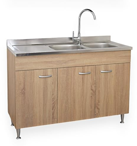 Yellowshop - Mobile cucina sottolavello a 3 ante cm 120 effetto legno rovere well componibile con lavello inox e scolapiatti Basic (Sottolavello con lavello piano Sx)