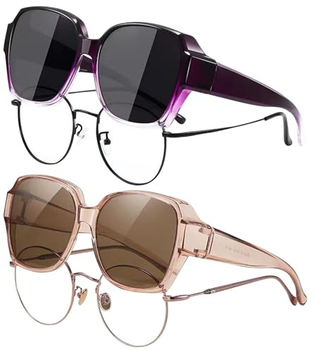 TYXHXTF 2Pcs Gafas de Sol Polarizadas para Mujer Hombre, Usar Sobre Gafas de Graduadas Protección UV Superpuestas para Exteriores Conducir Pescar Andar Ciclismo (Púrpura negra + color de té)