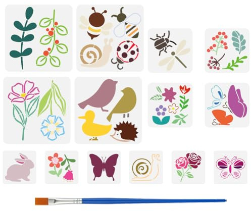 FINGERINSPIRE 14PCS Flowers and Animals Stencils with Brush 15cm/20cm/30cm Flower Leaves Stencil Butterfly Bird Rabbit Bee Stencil DIY Art and Craft Stencils for Painting on Wood Fabric Floor Wall