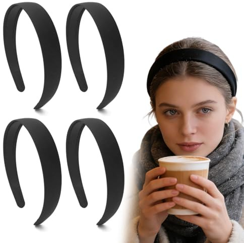 4 Pcs Cerchietti Semplici Fasce per Capelli, Nero Antiscivolo, 2,0 cm Colore Nero in Raso, Semplici Cerchietti per Capelli Fai da Te Tinta Unità per Ragazze e Donne