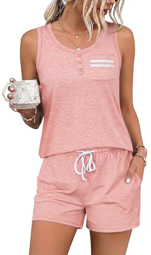 Crewhpo Pijama Mujer Verano Corto Camiseta Sin Mangas y Pantalones Cortos | Conjunto de Pijamas, Cuello Redondo, Botones Decorativos, Bolsillo de Pecho, Cintura Elástica, 2 Piezas, Ropa de Dormir