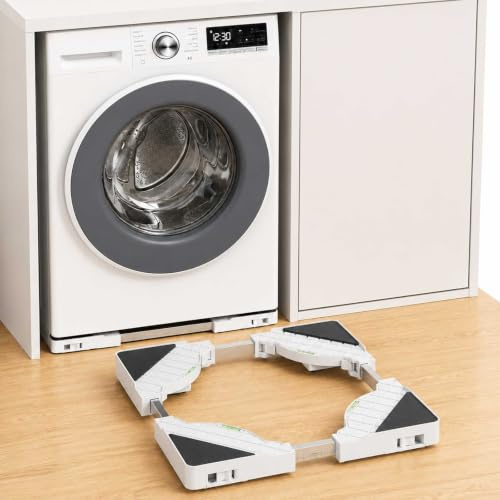 DEWEL Movable Washing Machine Stand with 16 Wheels, Transport Roller, Adjustable Base for Washing Machine, Dryer, Refrigerator, Freezer, Anti-Slip Cushioning Function, 45–65cm, White