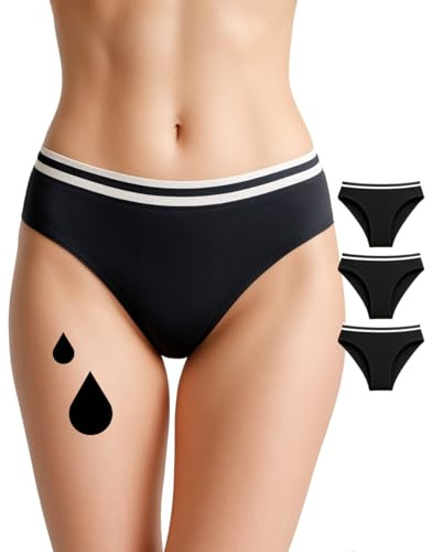 NoBlood - Lot de 3 Culottes Menstruelles Flux Abondant à Liseré Blanc – Coupe Échancrée pour Plus de Confort Pendant Vos Règles (Noir, S)