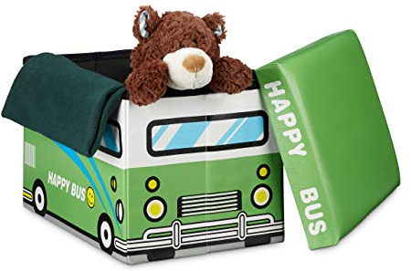 Relaxdays Coffre à jouets similicuir boîte à jouets couvercle tabouret pouf enfant pliable H x l x P: 32 x 48 x 32 cm capacité 37 L, bus