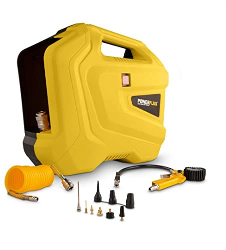 Powerplus Kompressor POWX1706 Luftkompressor tragbar mit 3 m Schlauch - Luftkompressor mit Druckluft als Luftpumpe für Fahrrad - 1100W & 8 bar - Mit 11 Kompressor Zubehör Teile