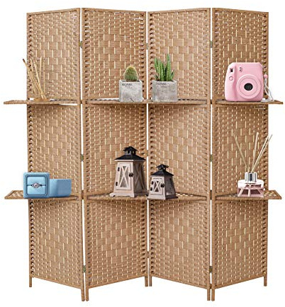 INMOZATA Room Divider with Shelves, 4 Panel Craft Paper Woven Room Divider Free Standing, Folding Screens and Room Dividers Screen Privacy Panel for Office Bedroom Restaurant, 160 * 170cm (Natural)