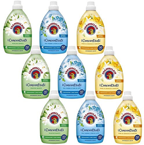 Chanteclair Lot de 9 Flacons d'Adoucissant Concentré Parfum Longue Durée 50 Lavages 1000 ml - 3 x Sels Marins et Fleur de Lotus, 3 x Fleurs d'Oranger et Narcisse, 3 x Musc Blanc