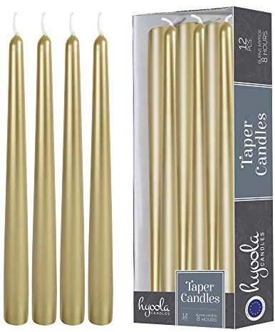 Hyoola Tall Metallic Cream Gold Taper Candles - 10 Inch - Dripless - 12 Pack - 8 Hour Burn Time