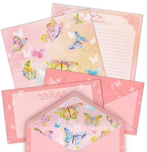 Aquarell Schmetterling Briefpapier (liniert) 48 Stück und selbstschließende Umschläge 24 PC Set, 27 lb schweres Gewicht, beide Seiten bedruckt, rosa Briefpapier 11 x 8,5 mit Briefkopf