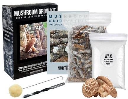 North Spore Organic Shiitake Outdoor Mushroom Log Growing Kit | Includes 100 ct. Bag of Plug Spawn | Complete Log Starter Kit with Instructions | Handmade in Maine, USA