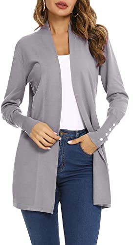 Irevial Cárdigan Mujer Manga Larga Chaqueta de Punto Largo Elegante Chaqueta Abierta de Punto Rebecas Casual para Primavera Otoño Invierno Gris, XL