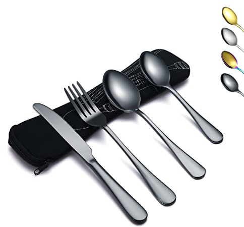 Evanda Portable Utensils, Travel Camping Cutlery Set, Stainless Steel Flatware Set Travel Silverware Dinnerware Set Fork Spoon Knife with a Portable Case (Black)
