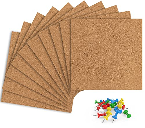 10 Pack Square Cork Board, Notice Letter Board Cork Tiles for Bedrooms Home Office Self Adhesive DIY Message Vision Board Kit with Push Pins for Pictures, Photos, Drawing (Square, Gray)