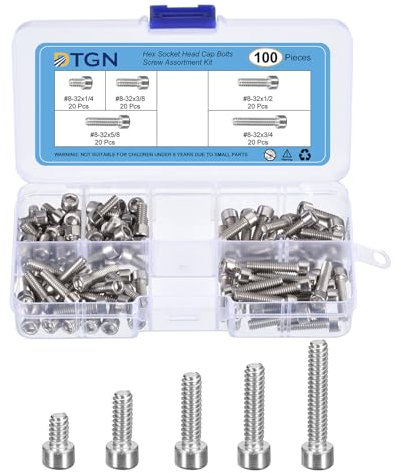 DTGN 100Pcs #8-32 Bolts Socket Head Screws Kit, #8-32 Screw Assortment, 304 Stainless Steel #8-32x1/4, 3/8, 1/2, 5/8, 3/4 Hex Socket Head Cap Screws Bolt Set for 3D Printing DIY