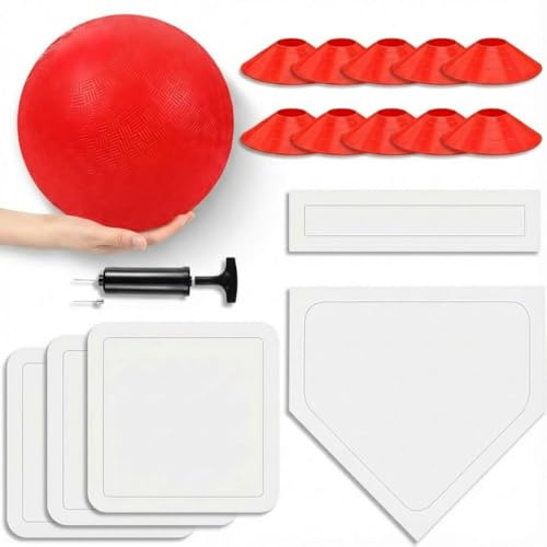 Hiboom 16 Pcs Sports Kickball Set Includes 10 Inches Playground Ball 5 Rubber Throw Down Bases Ball Pump 10 Foul Line Cones for Kids Adults Playground School Backyard Game Camps Picnic (White)