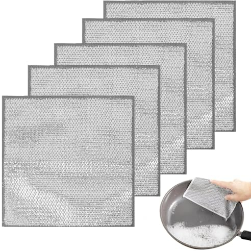 AWAVM 5 trapos multiusos de alambre antiarañazos para lavar platos, lana de alambre, trapos multiusos para lavar platos en húmedo y seco, paño de limpieza de microfibra de cocina reutilizable (doble