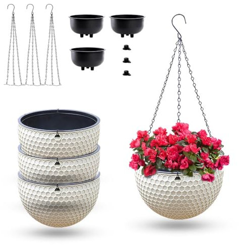 8.3inch Large Hanging Planters Plant Pots - Self-watering Hanging Baskets Set of 3 Flower Pot with Drainage Hole Chain for Home Garden Deco (Beige)
