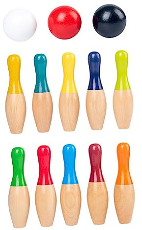 JOINPAYA Juego De Bolos De Madera Grande para Niños, 10 Bolos y 3 Mini Bolas De Boliche Simuladas, Diseño Seguro Bordes Lisos, Juguete Educativo para Interiores y Desarrollo Infantil