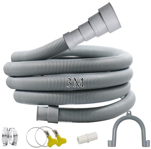 Quanerba Tuyau de Vidange Universel 1 M/2 M/3 M Pour Machines à Laver, SèChe-Linge, Lave-Vaisselle avec 1 Adaptateur, 4 Colliers de Serrage, 1 Support de En U (3M)