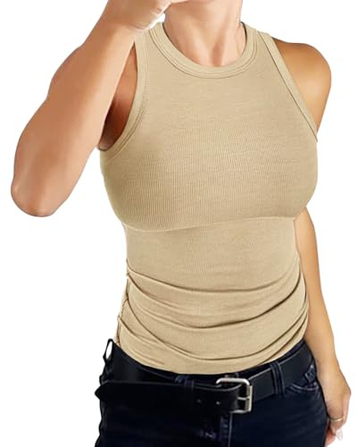 DUOEASE Debardeur Femme 2025 Col en Rond Base sans Manches Sexy Slim Fit coteles Hauts ete-Lett Brown-S
