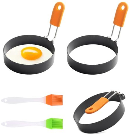CYIOU 3 Pcs Stampo Pancake 9 CM + 2 spazzole Anelli per Uova in Acciaio Inox Rotondi Stampi per Pancake Stampi In Silicone con Silicone Antiscottatura per Uova Dolci Friggere Uova e Frittate