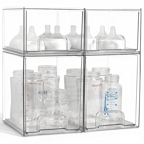 MINMUNJIU Baby Bottle Organizer, 4 Pack Clear Space-Saving Stackable Drawer with Handle, Baby Bottle Storage Organizer for Countertop and Cabinet
