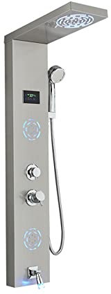 Pannello doccia, Pannello doccia a LED nero/spazzolato a torre Miscelatore a parete Rubinetto Doccetta Soffione a pioggia Massaggio SPA(Brushed 9008)