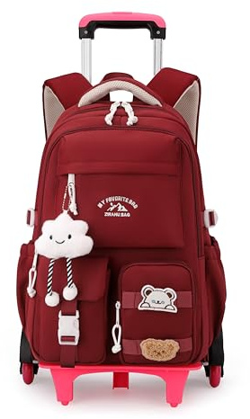 NIWEIYA Girls Rolling Backpack for School Elementary, Kids Roller Backpack with Wheels School Bag, Girls Wheeled Bookbag on 6 Wheels, Red