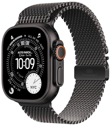 Apple Watch Ultra 3 GPS + Cellular, Reloj prémium para Running y Multideporte con Caja de Titanio Resistente de 49 mm y Pulsera Milanese Loop en Titanio Negro - Talla M.Monitores avanzados de Salud