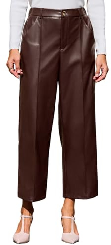 CUPSHE Women Trousers Faux Leather High Waist Wide Leg PU Cropped Trousers with Pockets