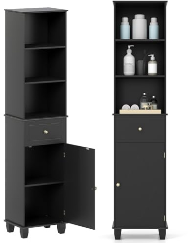 LIFEZEAL Mobile Bagno Salvaspazio, Alto, Stretto, Colonna Bagno, con 1 Cassetto, 3 Ripiani Aperti, 1 Anta, Gambe in Legno Massello, Armadio, Credenza Cucina, Dispensa, Portaoggetti (nero)
