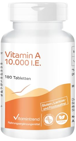 Vitamintrend Vitamin A 10 000 I.E., 180 tabletter, lätt att svälja, retinylacetat, kosttillskott veganskt utan magnesiumstearat, tillverkat i Tyskland