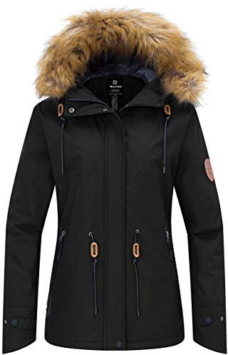 Wantdo Giacca da Sci Impermeabile Parka da Snowboard Antivento Cappotto da Montagna con Cappuccio con Pelliccia Giubbotto da Escursionismo Donna Nero S