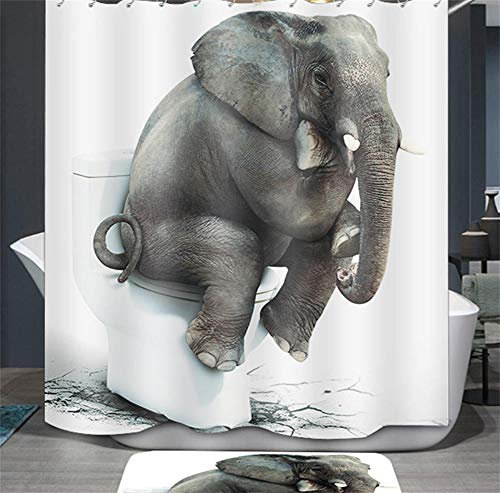 Ommda Duschvorhang, Tierstoff, wasserdicht, Anti-Schimmel, wasserdicht, waschbar, Stoff für Badewanne mit 12 Ringen (kein Teppich), Elefant, 180 x 240 cm