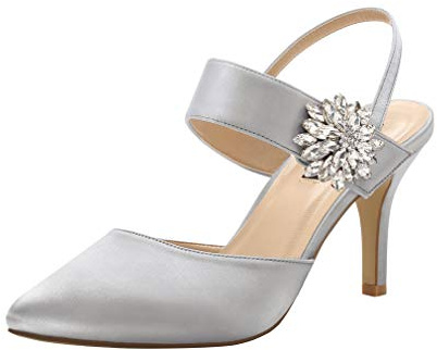 ERIJUNOR E0064 Mid Heel Shoes for Women Pointed Toe Slingback Rhinestone Brooch Satin Dress Pumps Evening Prom Wedding Shoes Silver Size 11