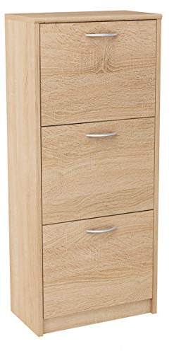MATKAM Schuhschrank aus Holz 3S, in Schlichter Optik, B 50 x H 116 x T 28 cm, laminierte Möbelplatte 16 mm, mit Rückwand, 3 ausklappbare Schuhablagen (Sonoma Eiche)