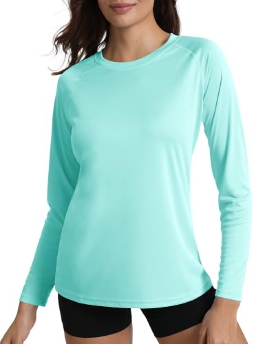 MAGCOMSEN Camisetas de verano para mujer, de secado rápido, protección solar, de manga larga, multicolor, ligera, funcional, para correr, senderismo, pesca, camisetas, azul oscuro, M