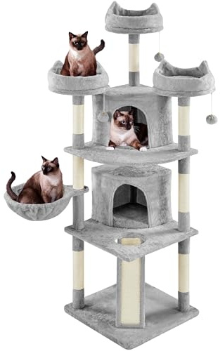 Yaheetech Árbol Rascador para 3-5 Gatos Adultos de Altura 175 cm Grande Torre para Gatos Mascota con 3 Plaraformas Gris Claro
