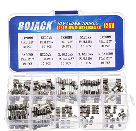 BOJACK Christmas Light fuses 5x20mm 125V 1A 2A 3A 4A 5A 8A 10A Fuse Fast-Blow Glass Fuses 3.6X10mm Mini Fuse 125V 2.5A 3A 5A amp Fuses Assortment Kit