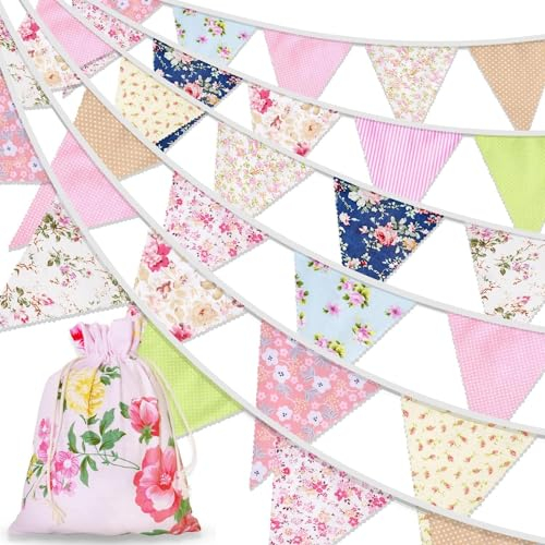 Alintor 45.9ft 46pcs Floral Bunting Flags + Drawstring Bag, Ve Day Bunting, Garden Bunting, Vintage Fabric Bunting, Bunting Banner for Party Birthday, Afternoon Tea, Easter Decorations